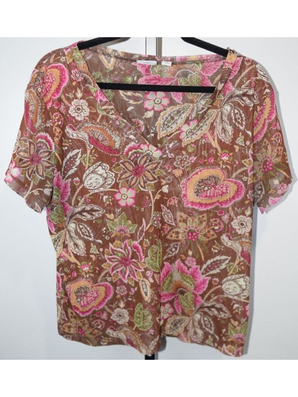 Cato Brown Pink Floral Print Sheer Mesh V Neck Top Womens XL Short Sleeve
